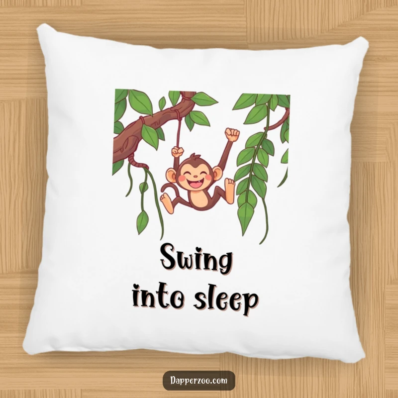 Funny monkey pillow featuring a happy monkey character grinning while swinging from a long jungle vine, offering soft comfort.