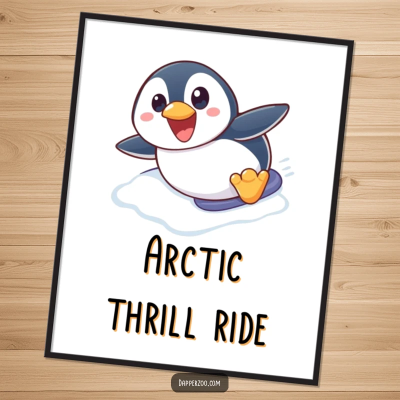 Funny penguin digital art print of a cute penguin character with wide eyes, joyfully sliding down an icy slope belly-first.