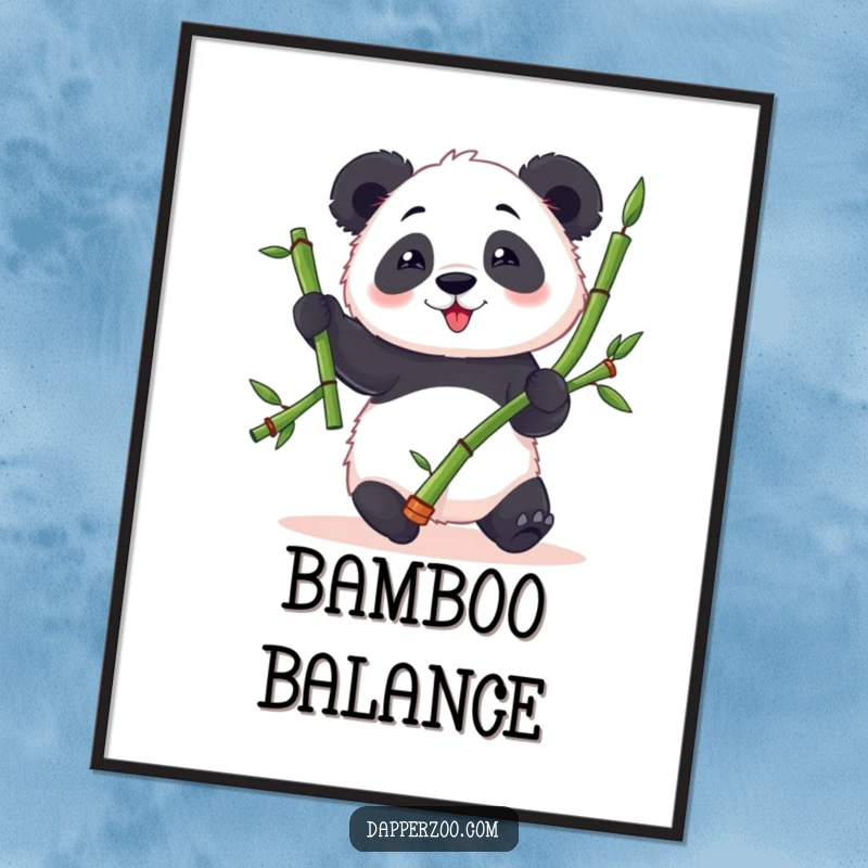 Funny panda digital art print of a fluffy panda character attempting to juggle three bamboo stalks with clumsy, wide-eyed delight.