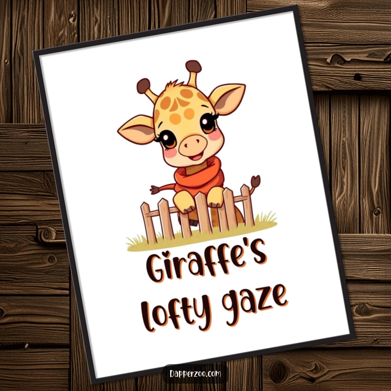 Funny digital art print of a happy giraffe calf wearing a miniature scarf, playfully peeking over a tiny fence.