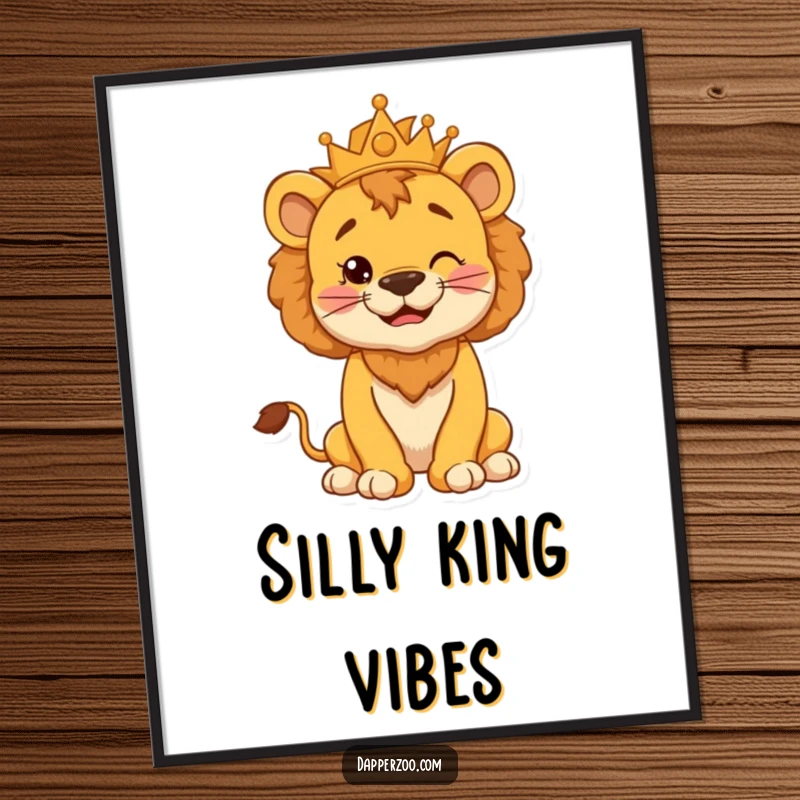 Funny digital art print of a cheerful lion cub with a puffed chest, striking a silly, regal kingly pose.