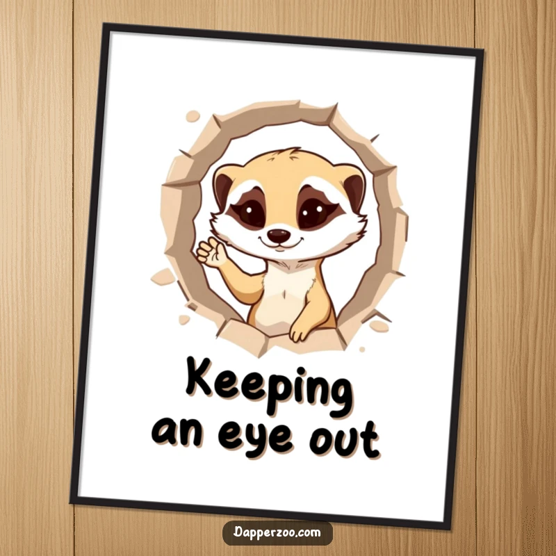 Funny meerkat digital art print showcasing a mischievous character popping out of a hole, winking.