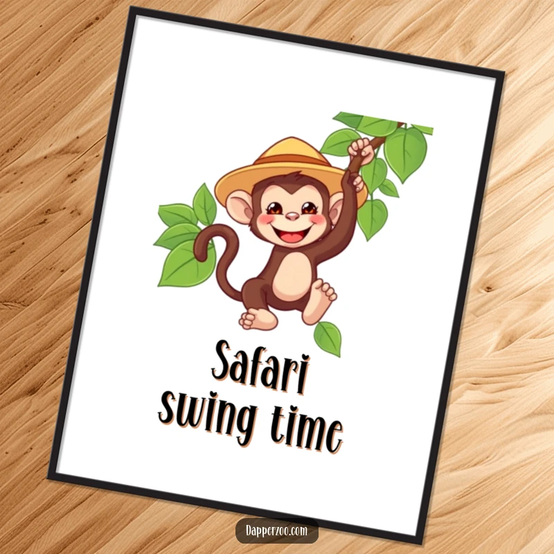 Funny monkey character digital art print, wearing a tiny oversized safari hat, grinning and swinging from a vine, capturing jungle adventure.
