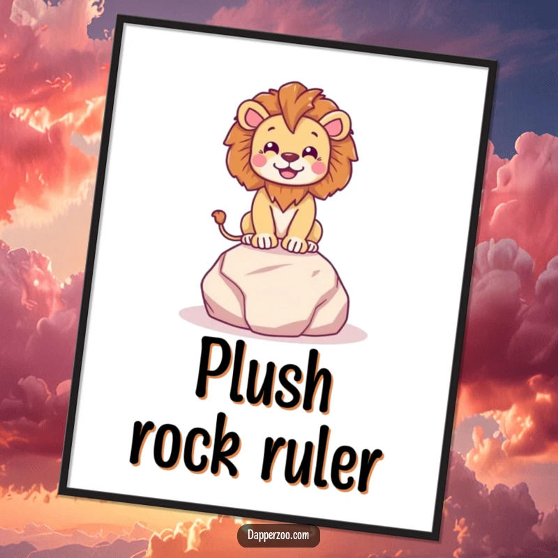 Funny happy lion character dramatically posing on a tiny plush rock with regal flair, presented as humorous digital art.