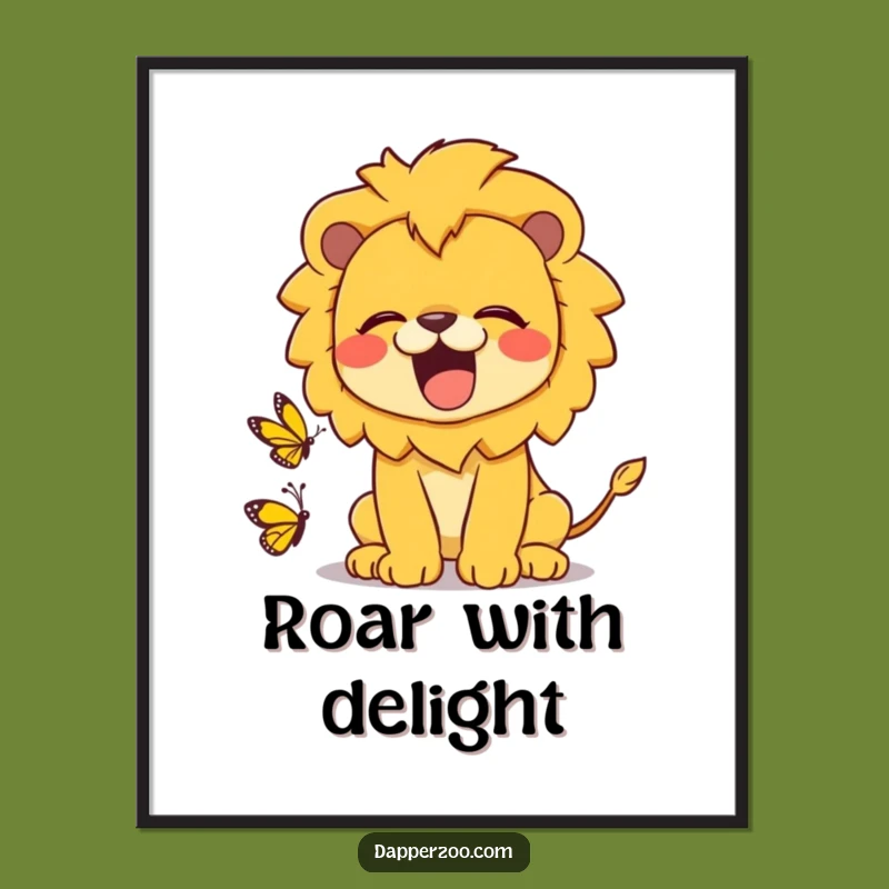 Funny Kawaii Lion Roaring at Butterfly Digital Art - Instant Humorous Download