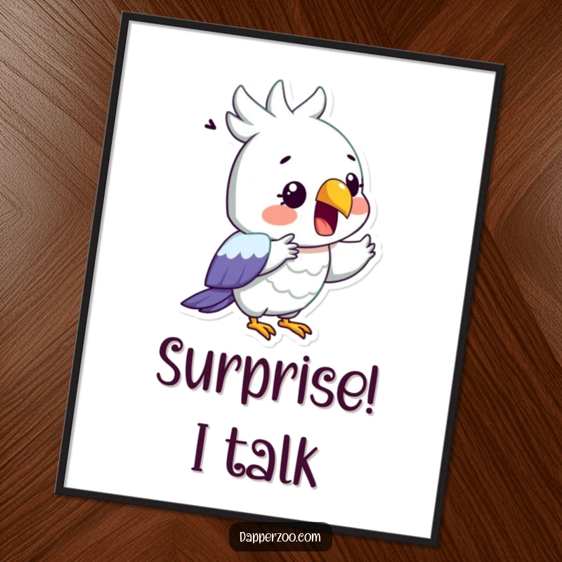 Funny digital art print of a surprised parrot dramatically reciting with its beak open, perfect for decor.