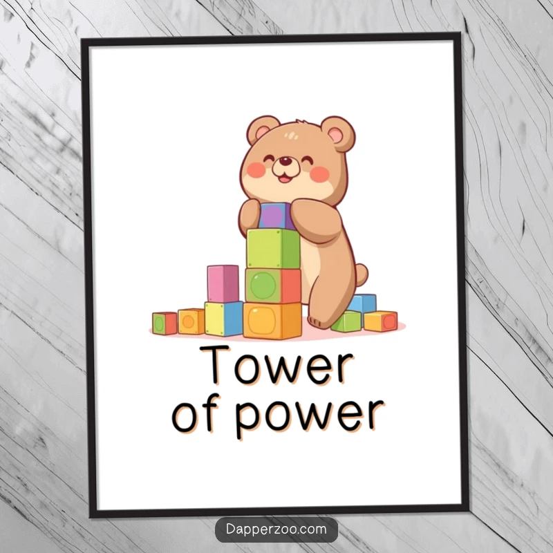 Funny digital art print of a happy bear building a precarious tower of colorful blocks, perfect for decor.