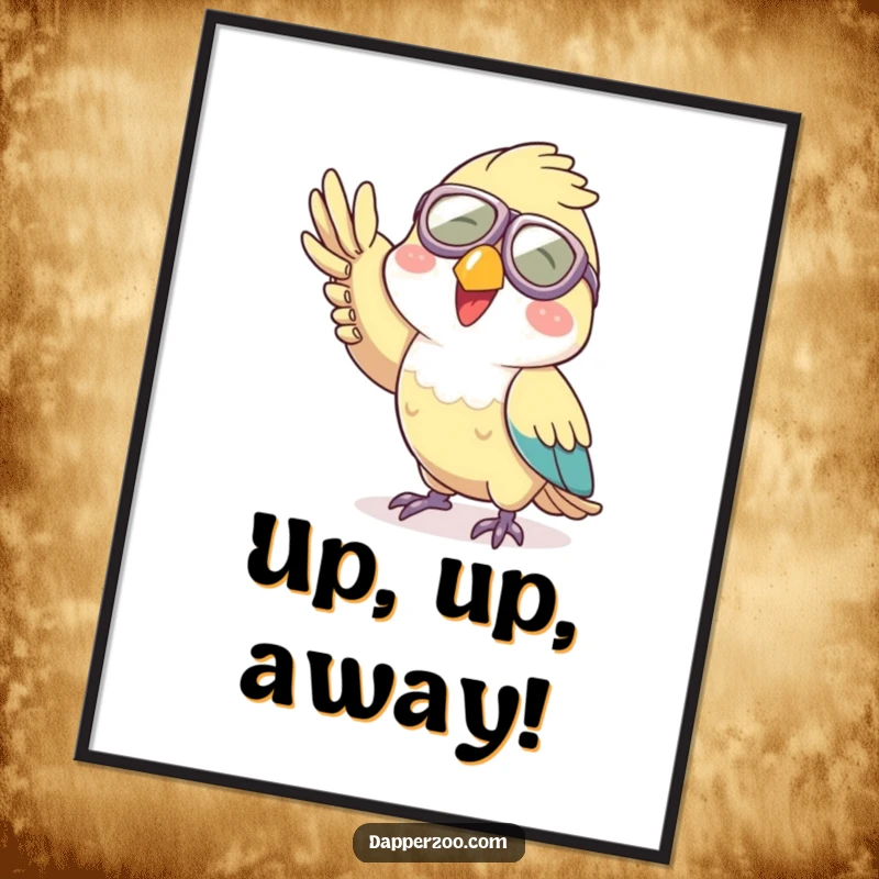 Funny aviator parrot digital art print, capturing a joyful character in tiny goggles waving.