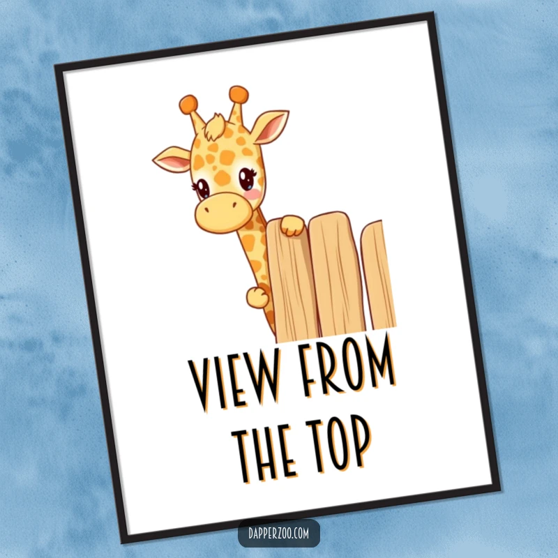 Funny kawaii giraffe digital art print of a cute giraffe curiously peeking over a tall fence, offering instant curious decor.