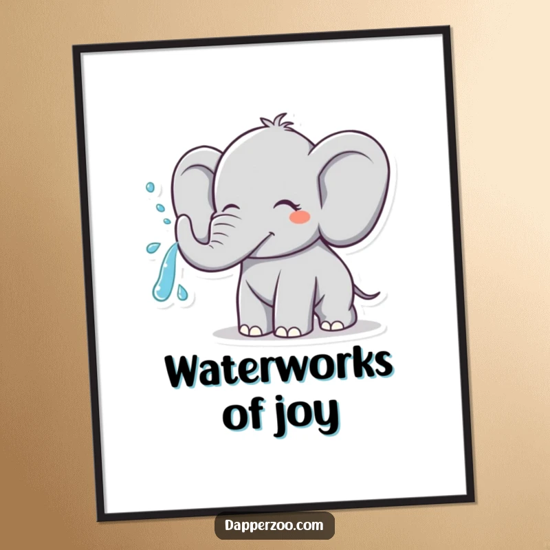 Funny cheerful elephant character spraying water from its trunk in a joyful arc, presented as humorous digital art.