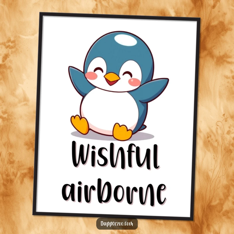 Funny penguin digital art print of a comical bird with small wings flapping, attempting flight with a silly, hopeful look.