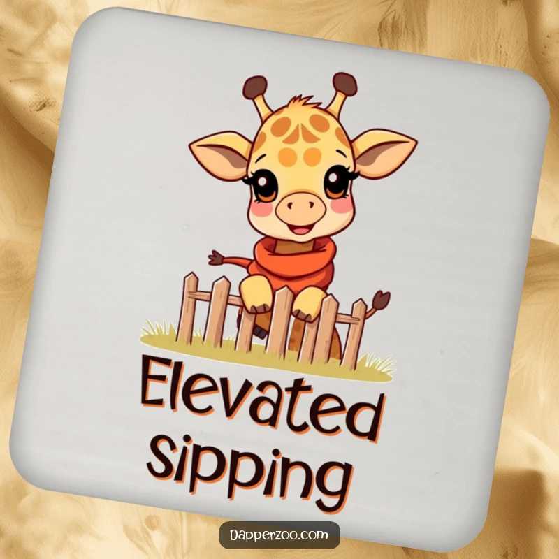 Funny coaster featuring a happy giraffe calf in a tiny scarf, playfully peeking over a miniature fence, for drinks.