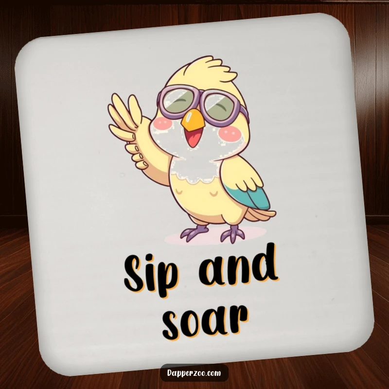 Funny aviator parrot coaster, featuring a joyful character in tiny goggles giving a playful wave.