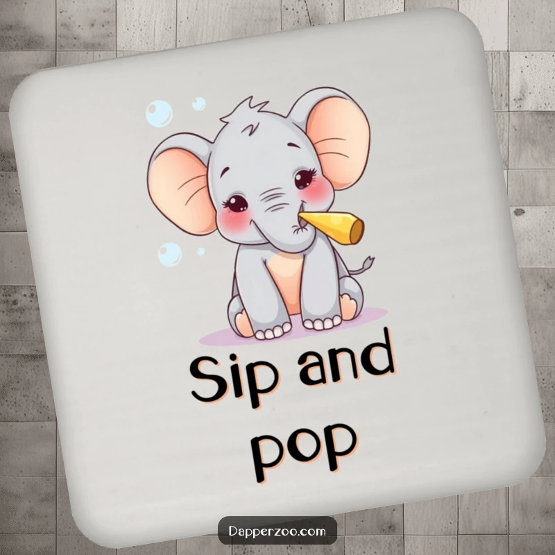 Funny coaster featuring a curious elephant calf blowing bubbles with delight using a tiny party blower, perfect for drinks.