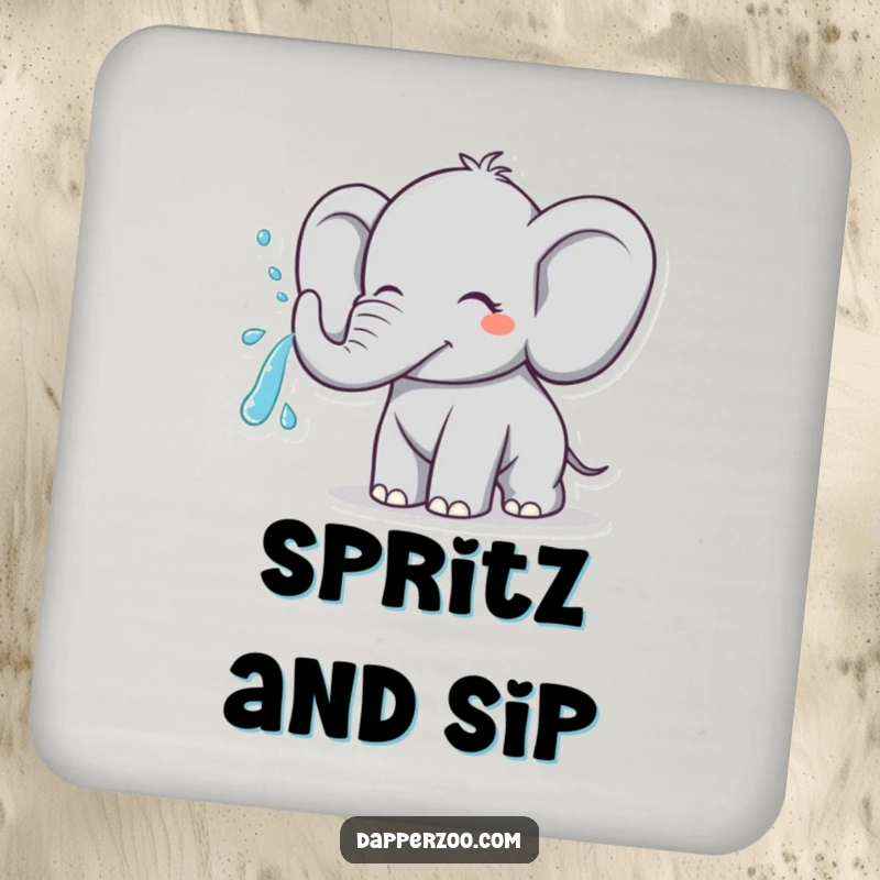 Funny elephant character spraying water from its trunk in a joyful arc, depicted on a humorous drink coaster.