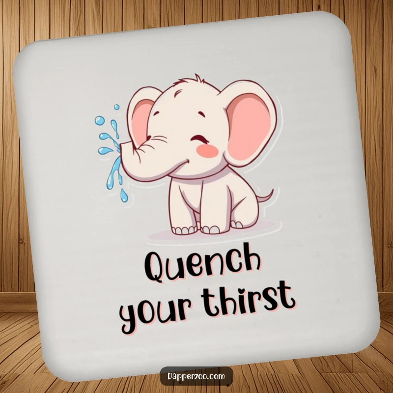 Funny kawaii elephant drink coasters showing a cute elephant joyfully spraying water from its trunk, protecting surfaces with humor.