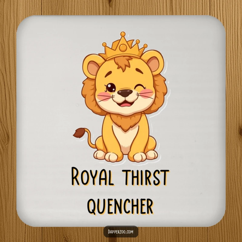 Funny coaster with a cheerful lion cub, puffed chest, and a silly kingly pose, protecting surfaces with style.