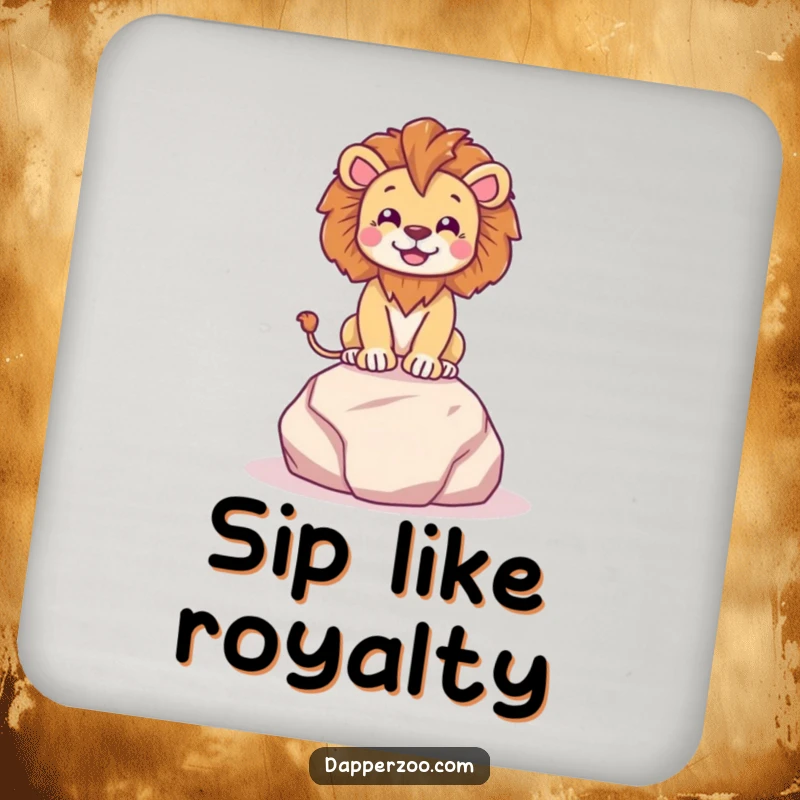 Funny lion character dramatically posing on a tiny plush rock with regal flair, depicted on a humorous drink coaster.