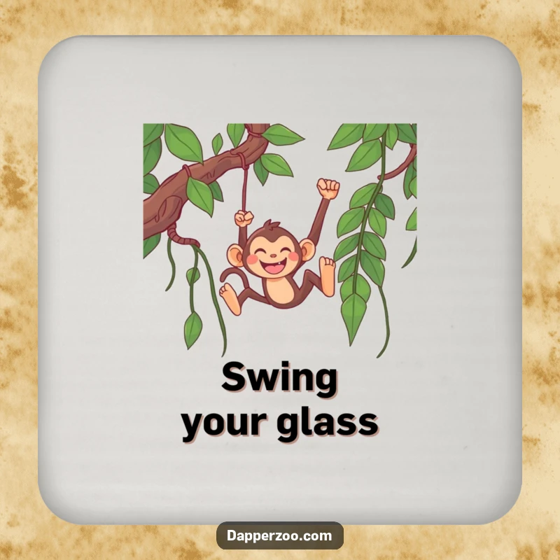 Funny monkey coasters featuring a happy monkey character grinning while swinging from a long jungle vine, protecting tables with humor.