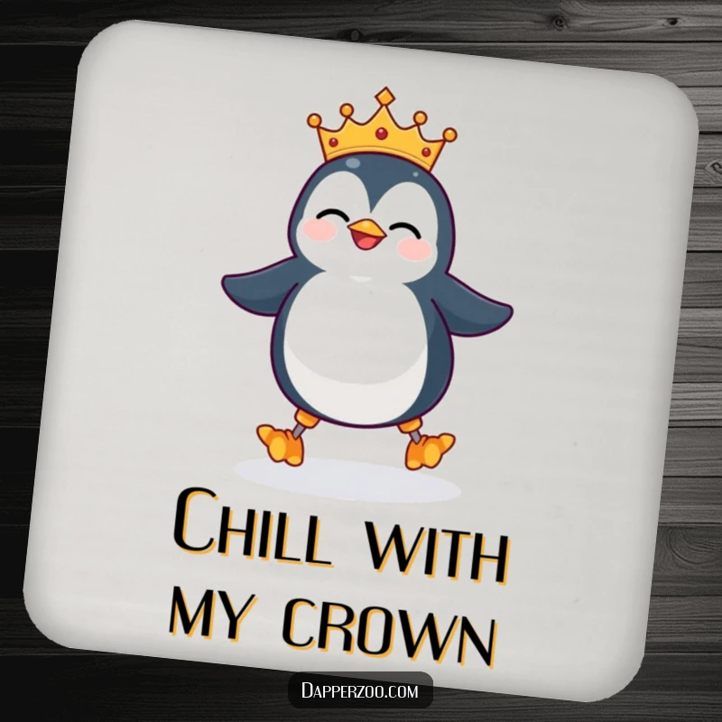 Funny penguin character drink coaster, tiny ill-fitting crown, giggling and waddling on stilts, offering humorous and regal surface protection.
