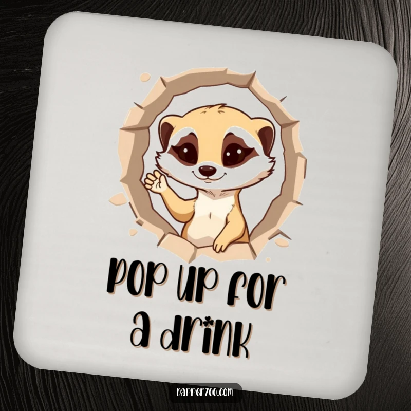 Funny meerkat coaster featuring a mischievous meerkat popping out of a hole, winking and waving.