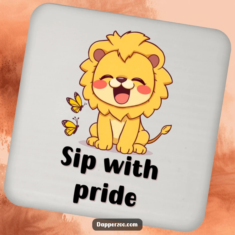Funny kawaii lion drink coasters showing a cute lion roaring playfully at a tiny butterfly, protecting surfaces with humor.