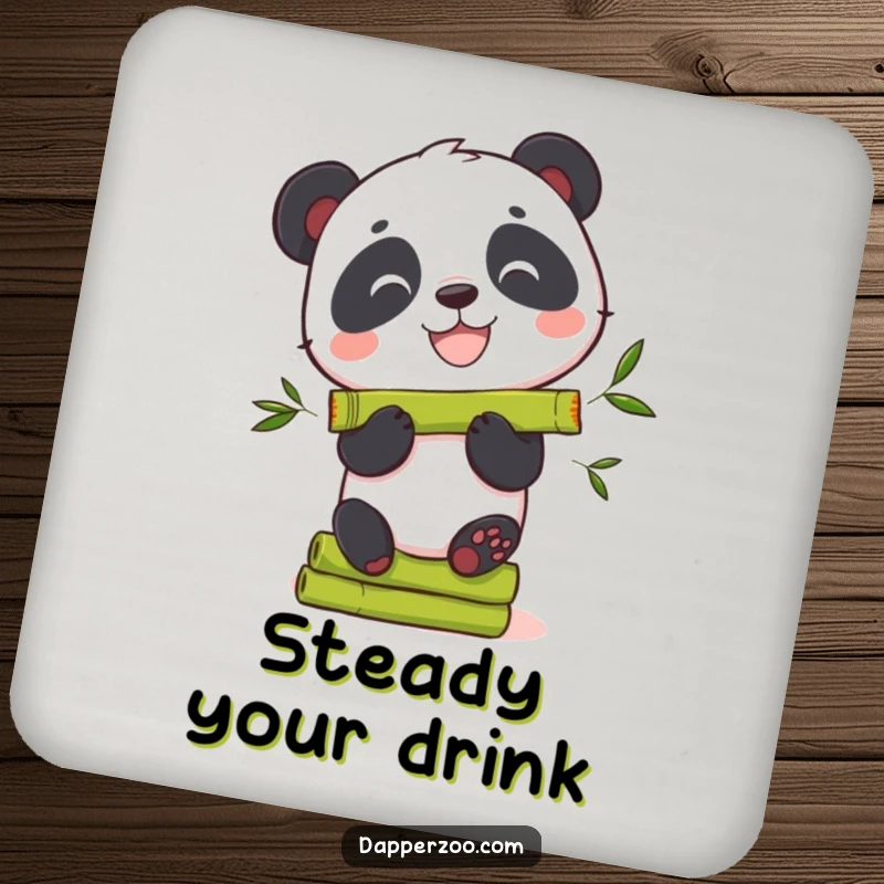 Funny panda coaster featuring a curious bear with a wide grin, balancing bamboo shoots.