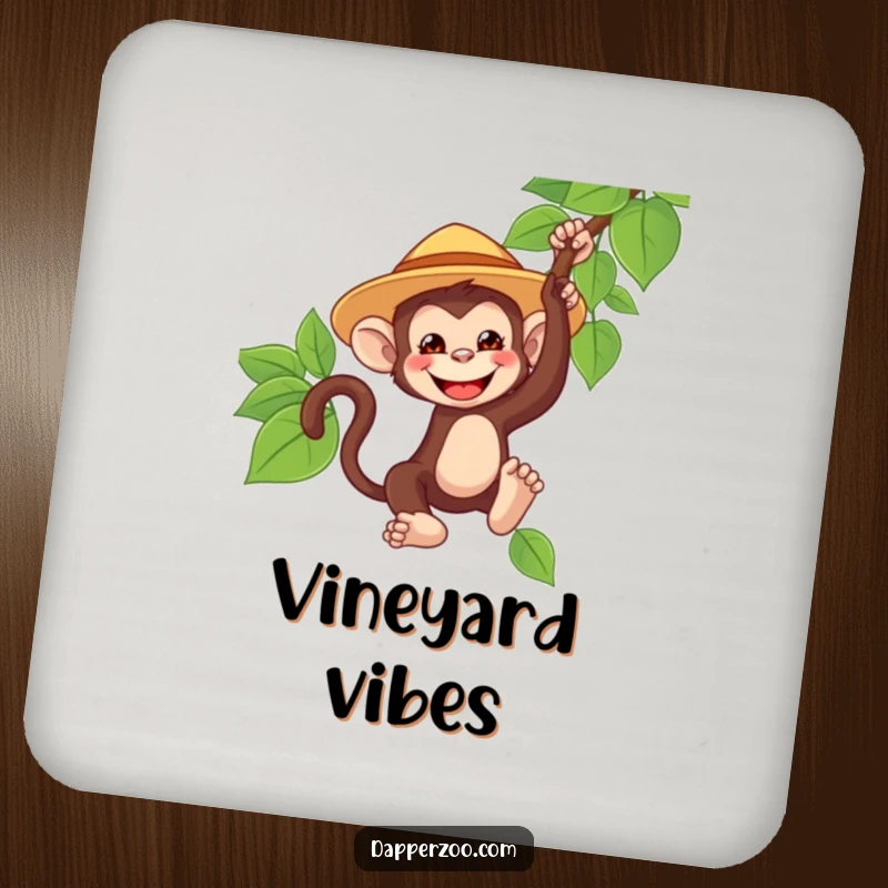 Funny monkey character drink coaster, tiny oversized safari hat, grinning and swinging from a vine, offering humorous and adventurous surface protection.
