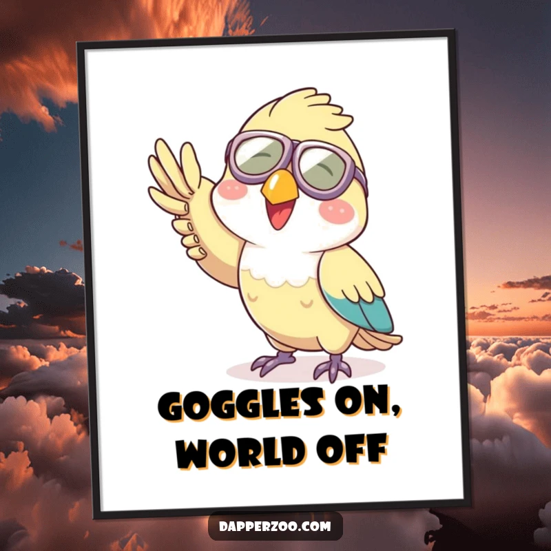 Funny aviator parrot poster depicting a joyful character in tiny goggles, captured mid-wave.
