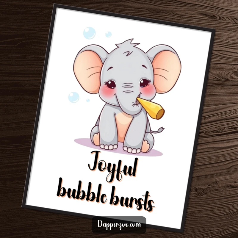 Funny poster with a curious elephant calf blowing bubbles with delight using a tiny party blower, creating a cheerful atmosphere.