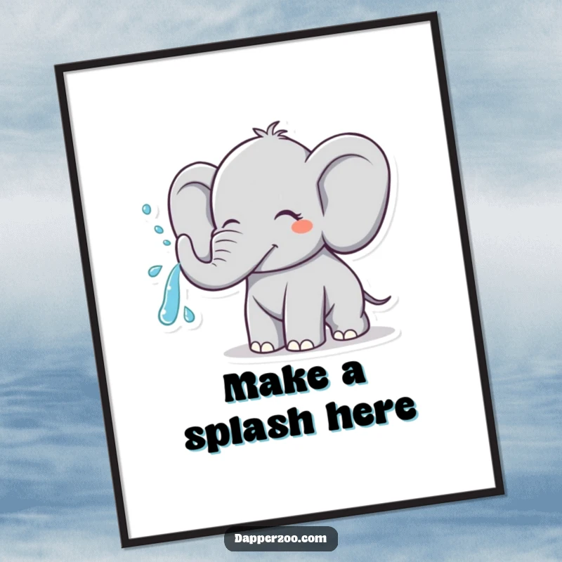 Funny cheerful elephant character spraying water from its trunk in a joyful arc, depicted as funny wall art.