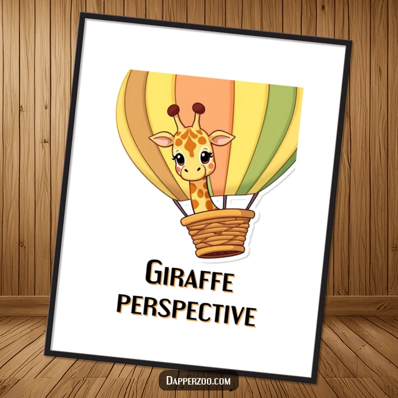 Funny giraffe poster illustrating a curious giraffe character peeking over the edge of a giant, colorful hot air balloon basket.
