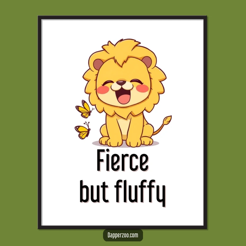 Funny Kawaii Lion Roaring at Butterfly Poster - Adorable Wall Art & Gift