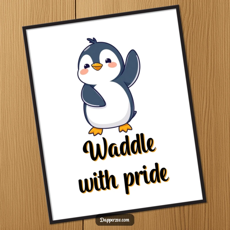 Funny kawaii penguin poster of a cute penguin comically waddling with flippers in the air, perfect for humorous wall decor.