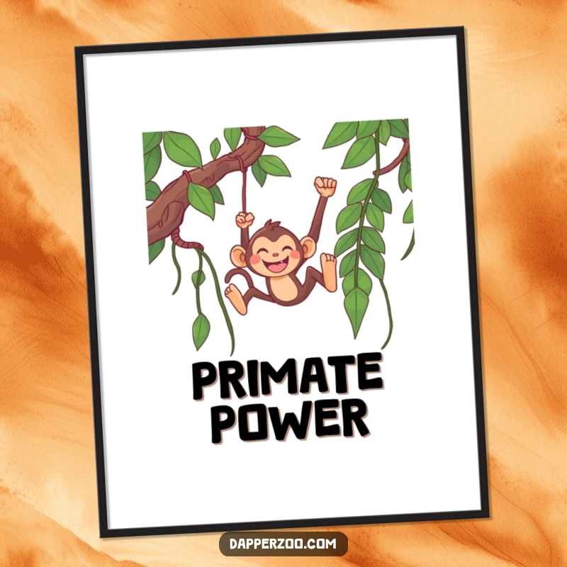 Funny monkey poster illustrating a happy monkey character grinning widely while swinging from a ridiculously long jungle vine.