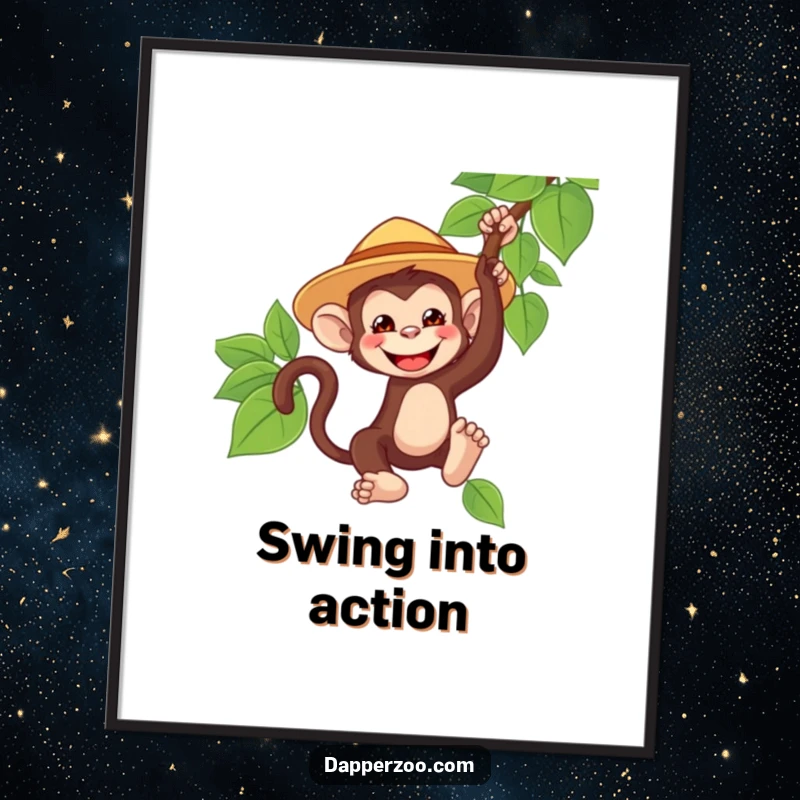 Funny monkey character poster, wearing a tiny oversized safari hat, grinning and swinging from a vine, embodying jungle adventure.