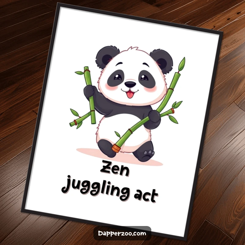 Funny panda poster illustrating a fluffy panda character attempting to juggle three bamboo stalks with clumsy, wide-eyed delight.