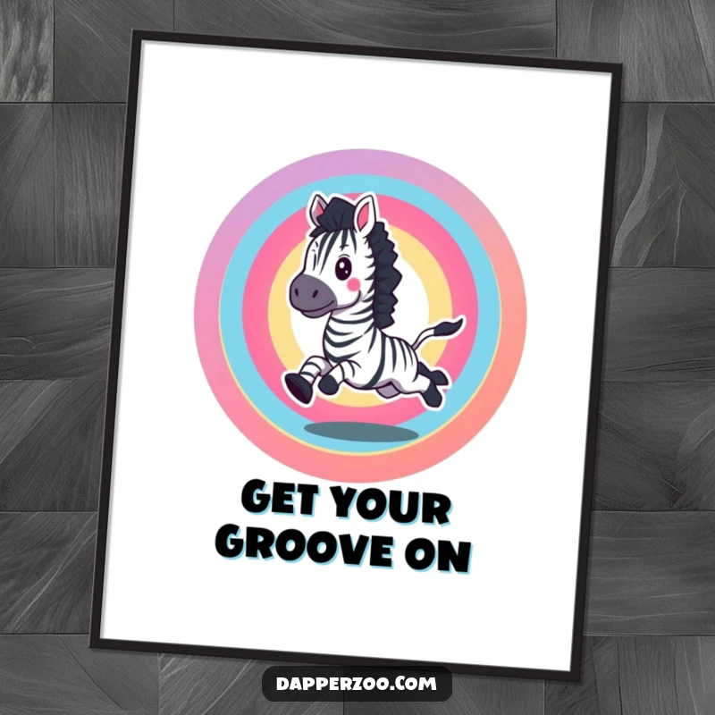 Funny poster of an excited zebra galloping in a vibrant rainbow circle, perfect for energetic decor.