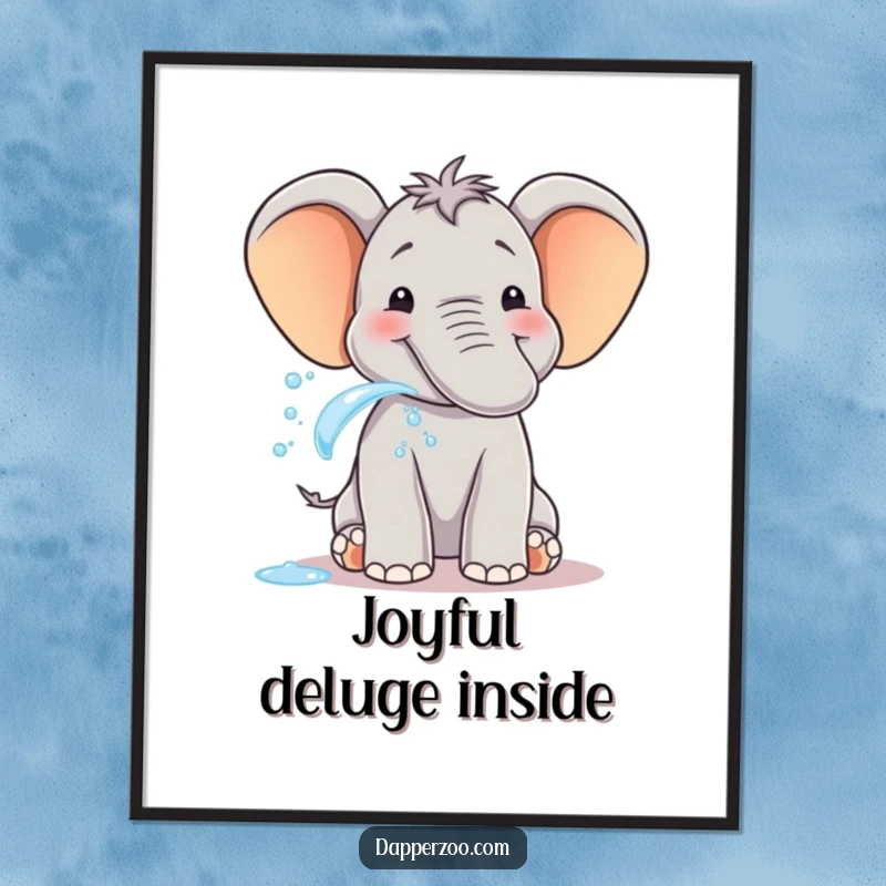 Funny elephant poster depicting a smiling creature spraying water from its trunk with pure delight, cheerful wall art.