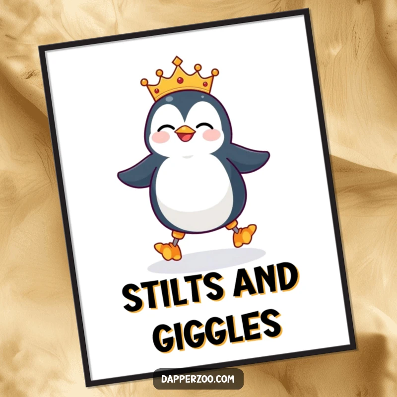 Funny penguin character poster, wearing a tiny ill-fitting crown, giggling and attempting to waddle on stilts, embodying regal comedy.