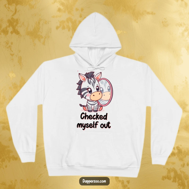 Funny Kawaii zebra character looking utterly surprised at its reflection on a warm, comfortable hoodie, radiating humorous shock.