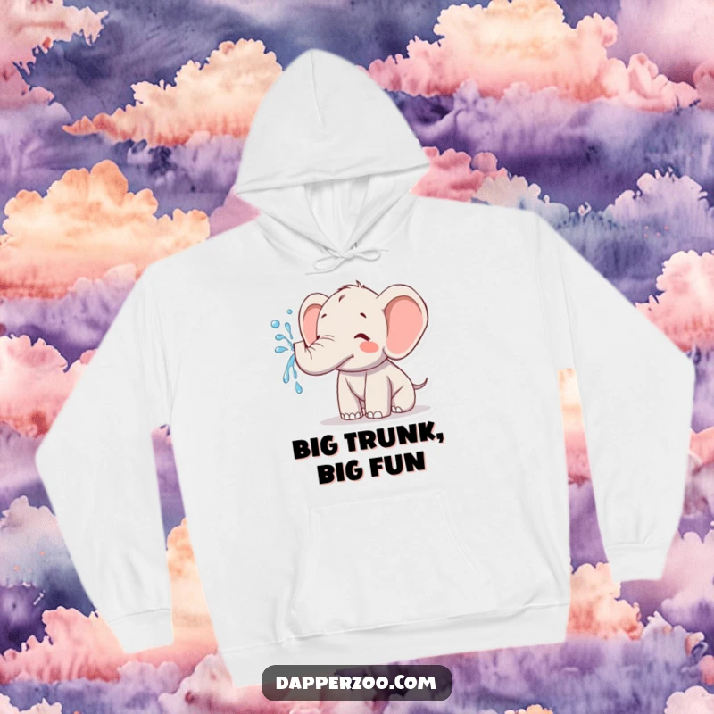 Funny kawaii elephant hoodie showing a cute elephant joyfully spraying water from its trunk, perfect for cozy and humorous moments.
