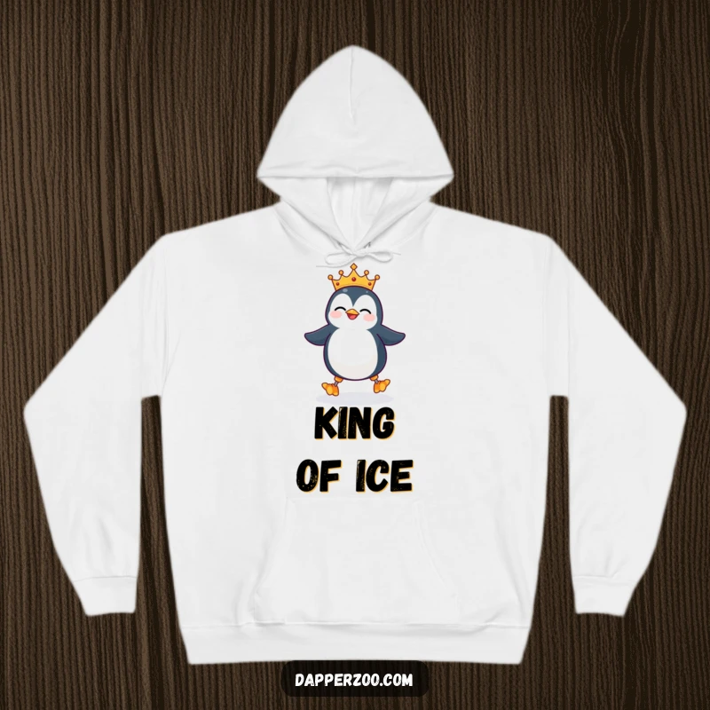 Funny penguin hoodie, tiny ill-fitting crown, giggling and waddling on stilts, offering warm and humorous regal comfort.