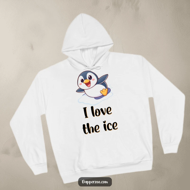 Funny penguin hoodie featuring a cute penguin character with wide eyes, hilariously sliding belly-first down a slippery ice slope.