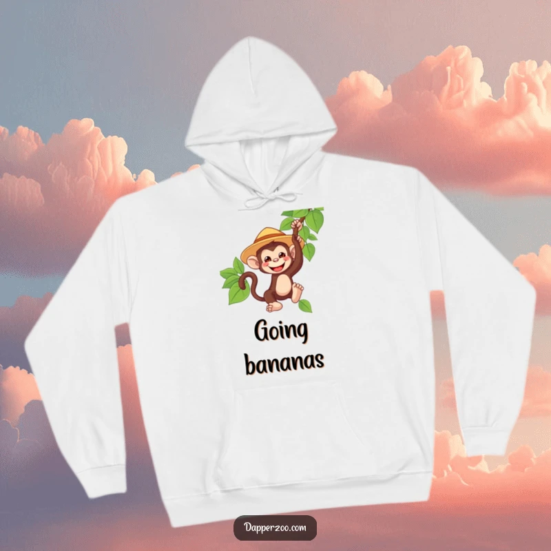 Funny monkey hoodie, tiny oversized safari hat, grinning and swinging from a vine, offering comfortable and humorous adventure wear.