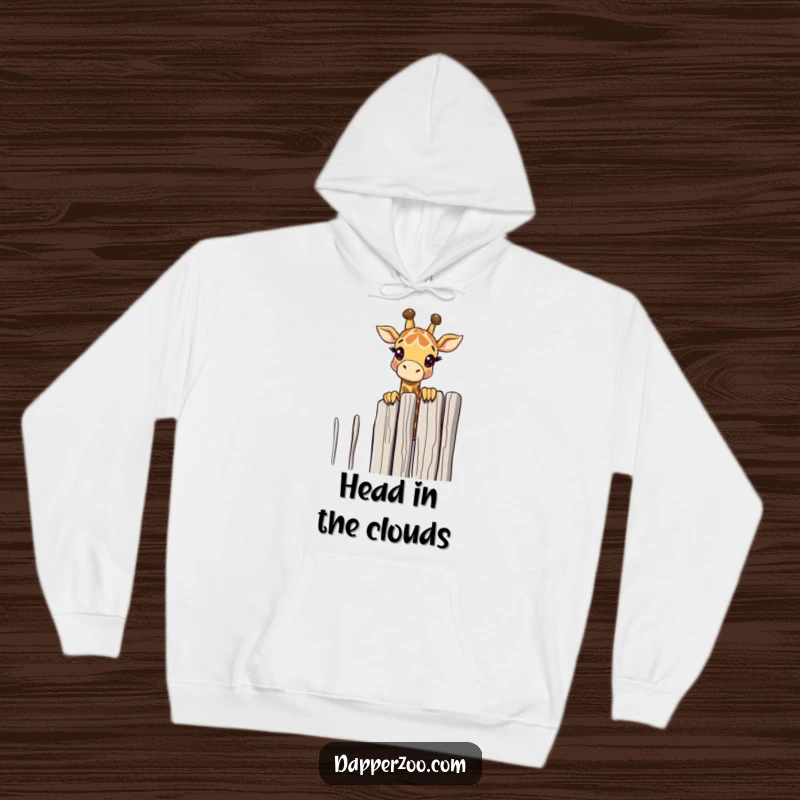 Funny giraffe character peeking over a tall, thin fence is featured on this comfortable and engaging hoodie.