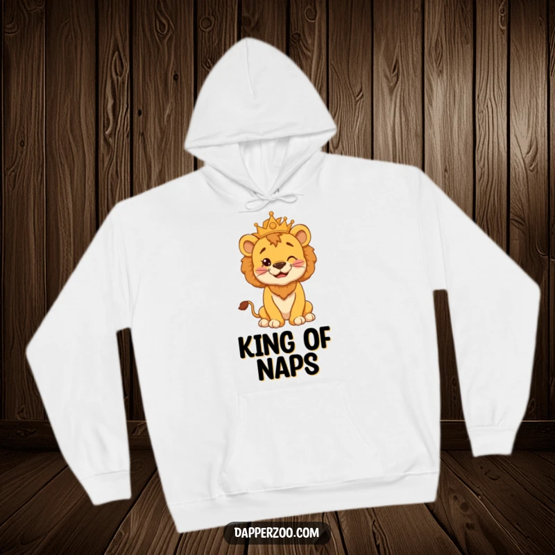 Funny hoodie featuring a cheerful lion cub character with a proud, puffed chest, striking a silly, regal kingly pose.