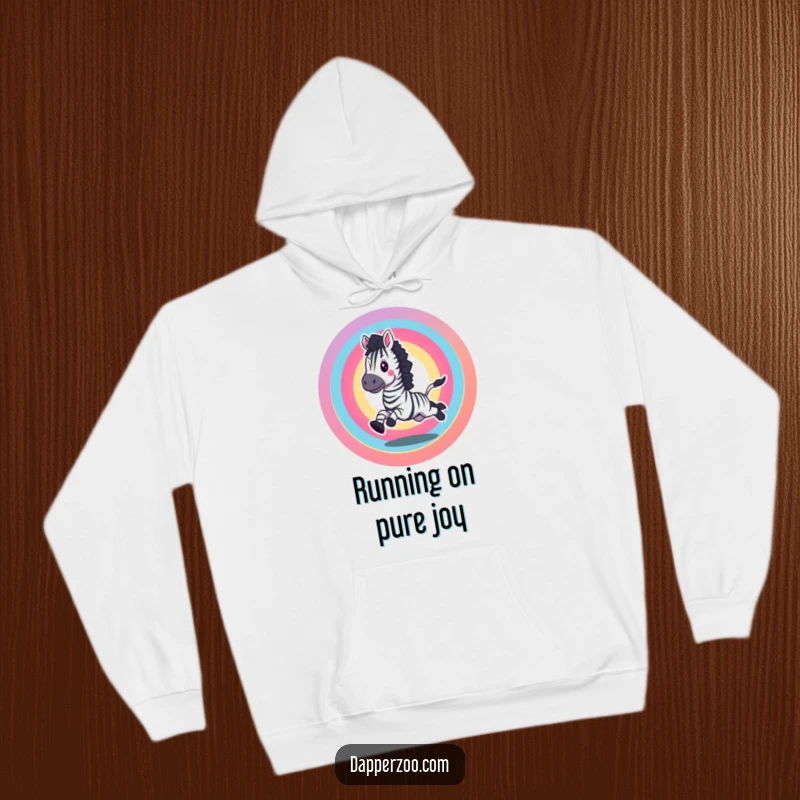 Funny hoodie with an excited zebra galloping in a rainbow circle, a perfect warm and funny gift.