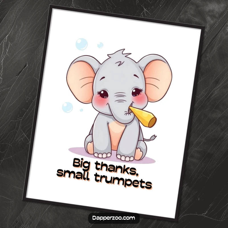 Funny Free Printable Wall Art: Elephant calf blowing party blower bubbles, curious, joyous, whimsical decor, downloadable art