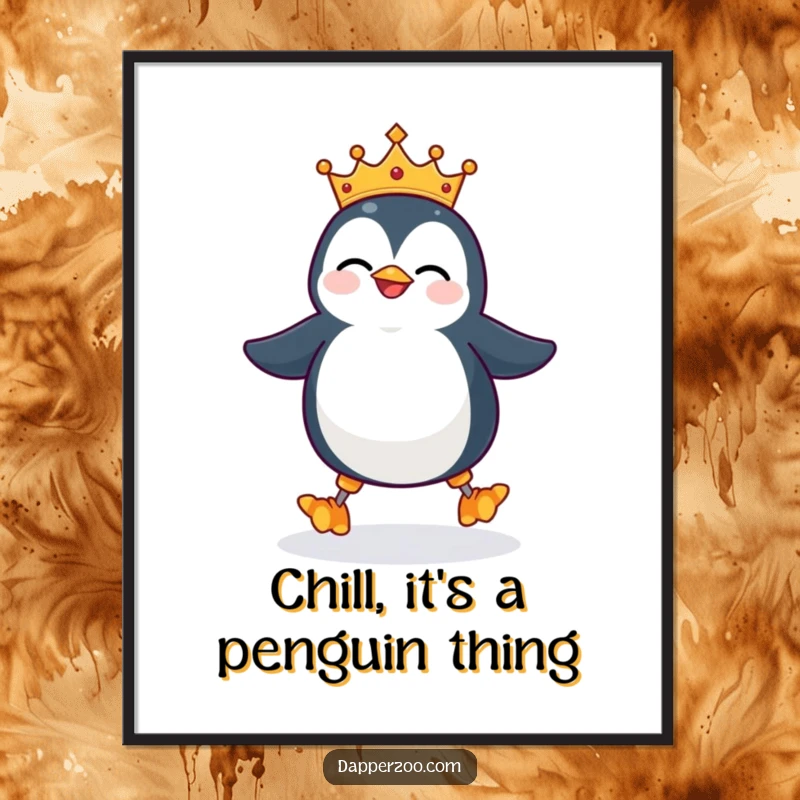 Funny Free Printable Wall Art: A giggling penguin wearing a small crown wobbles comically while attempting to walk on tall stilts.